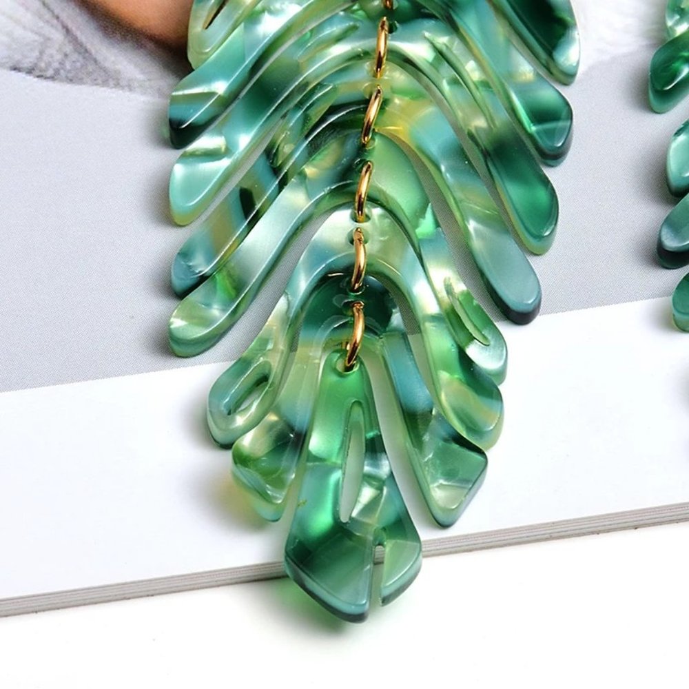 Tropical Leaf Green Tortoise Shell CZ Stone Drop Dangle Earrings - Picture 2 of 6